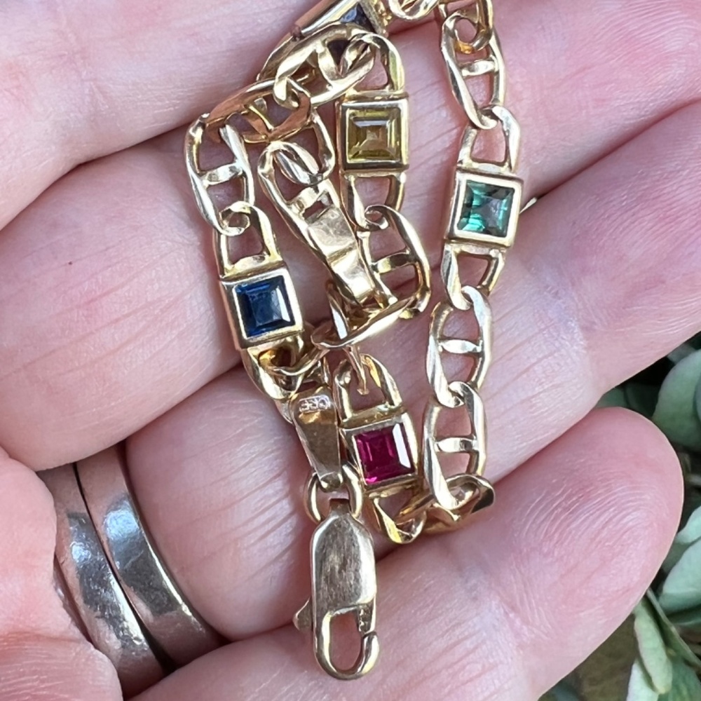 14K YELLOW GOLD MULTI GEMSTONES FIGARO BRACELET MADE IN ITALY CANDY COLORS